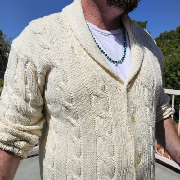 Vintage Men’s Ivory Cable Knit Shawl Collar Cardigan Sweater XL Made in Korea - Picture 1 of 11